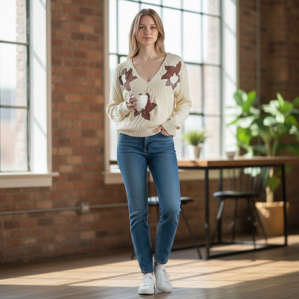 Vintage Talk of the Walk Hand Knit Floral Applique Wrap V-Neck Sweater Cream M